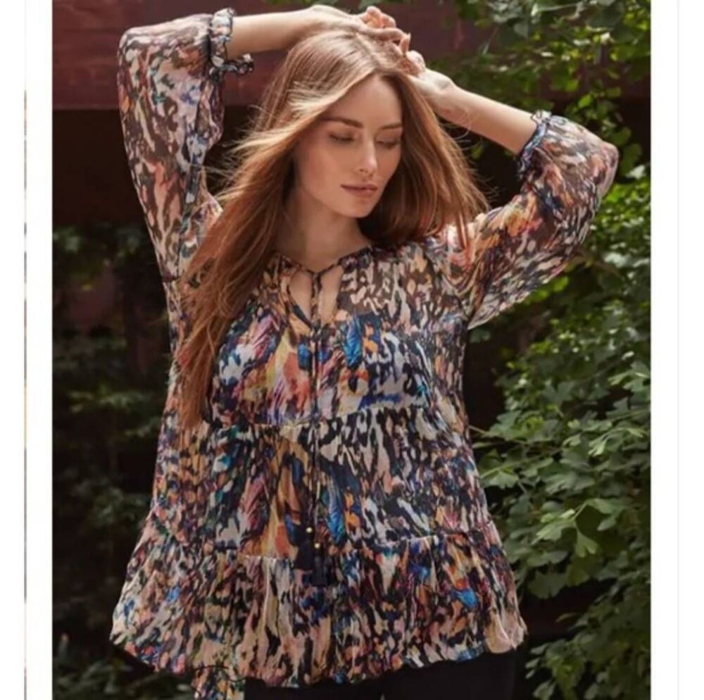 Johnny was Sz M multicolor sonia100%silk tiered sheer top